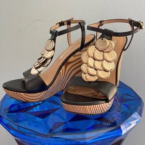 Diane von Furstenberg WEDGE Heels Shoes 6.5 Leather STEFY Platform Gold Sandals